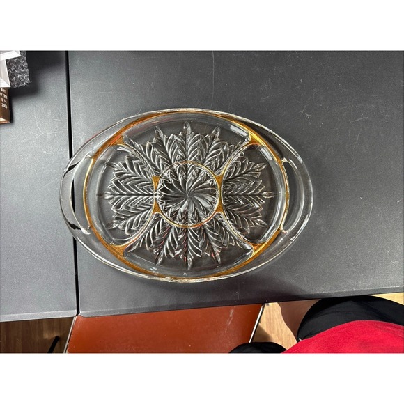 Jeanette Feather Gold Trim 5 Section Handled Relish Tray Vintage w/original box - Picture 2 of 11